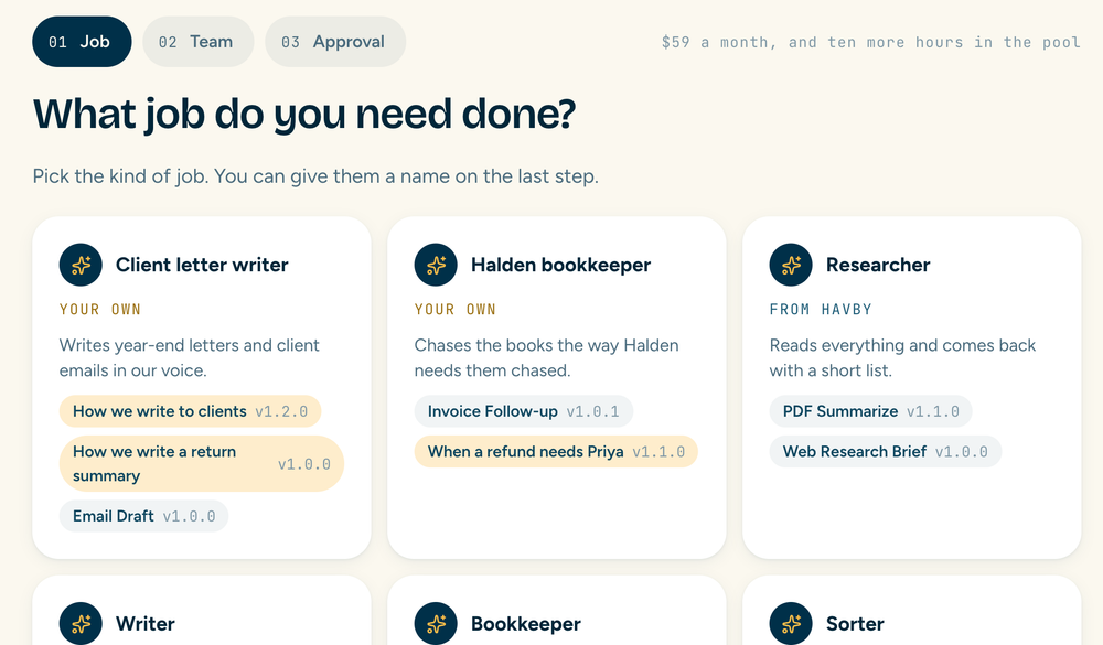 Hiring an agent: templates for a client letter writer, Halden bookkeeper, researcher, writer, bookkeeper and sorter, each listing its skills.