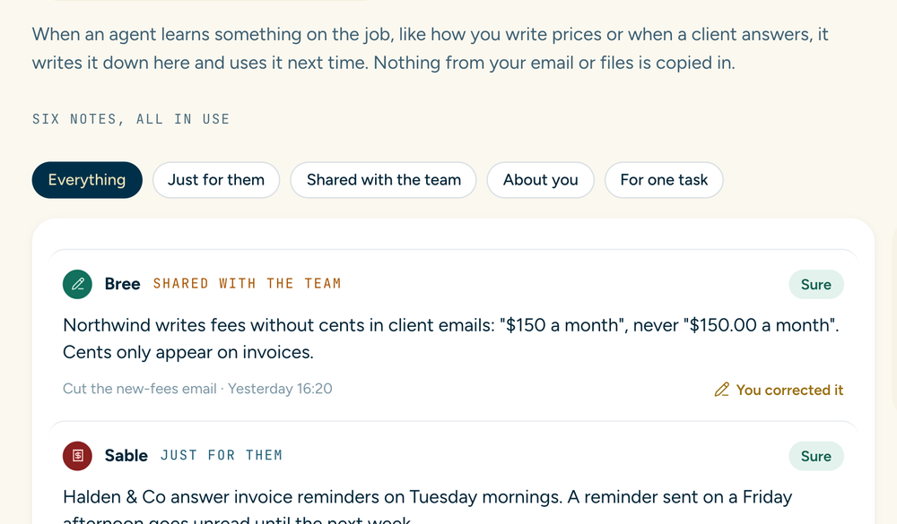The memory view: notes by scope, each with its source task, how sure the agent is and whether you corrected it.