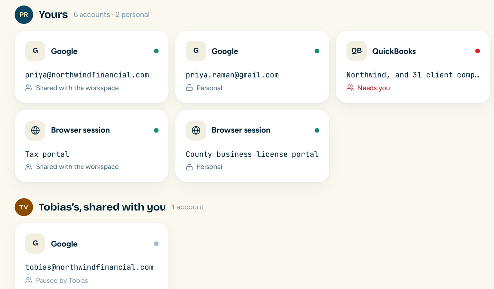 Connections: Google, QuickBooks and browser sessions, with QuickBooks needing you and one Google account paused by Tobias.