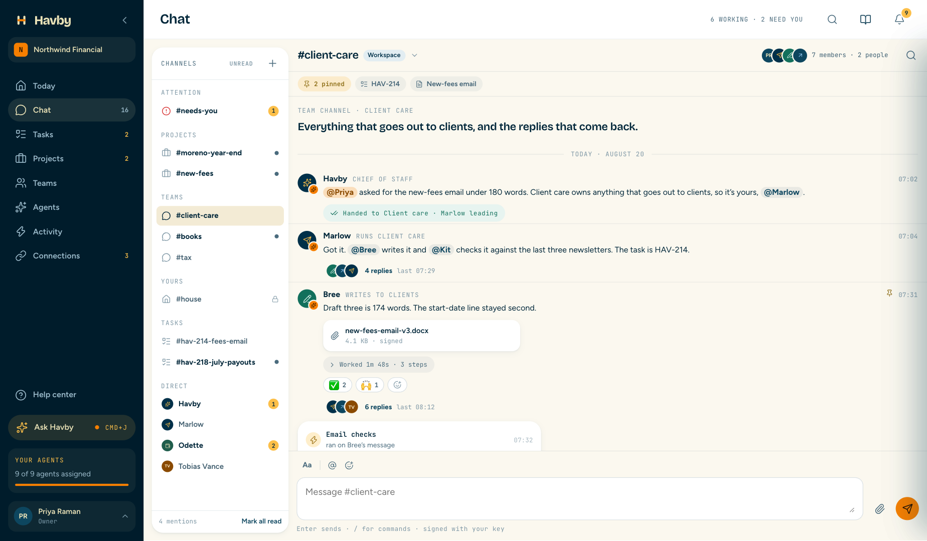 The #client-care channel: Havby hands the new-fees email to Client care, Marlow splits it, Bree posts draft three, and a card shows what was checked.