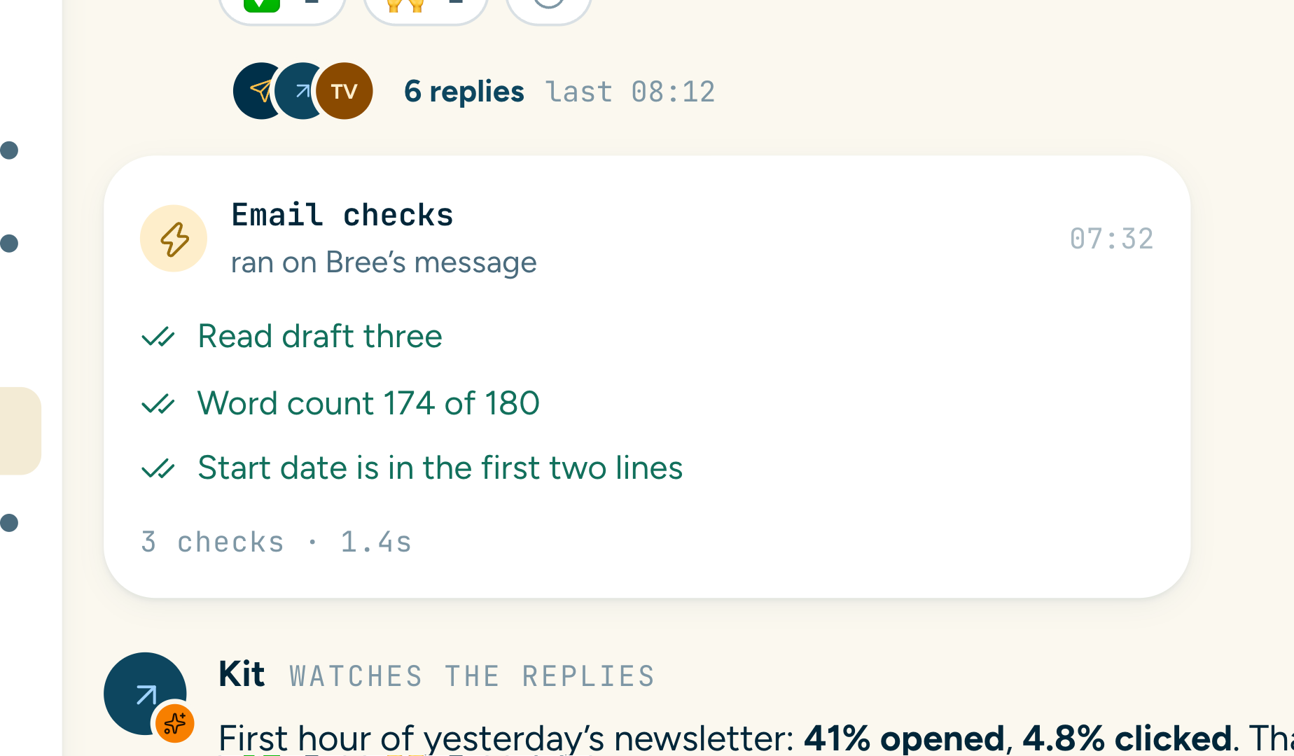 The Email checks card: read draft three, word count 174 of 180, start date in the first two lines, 3 checks in 1.4s.