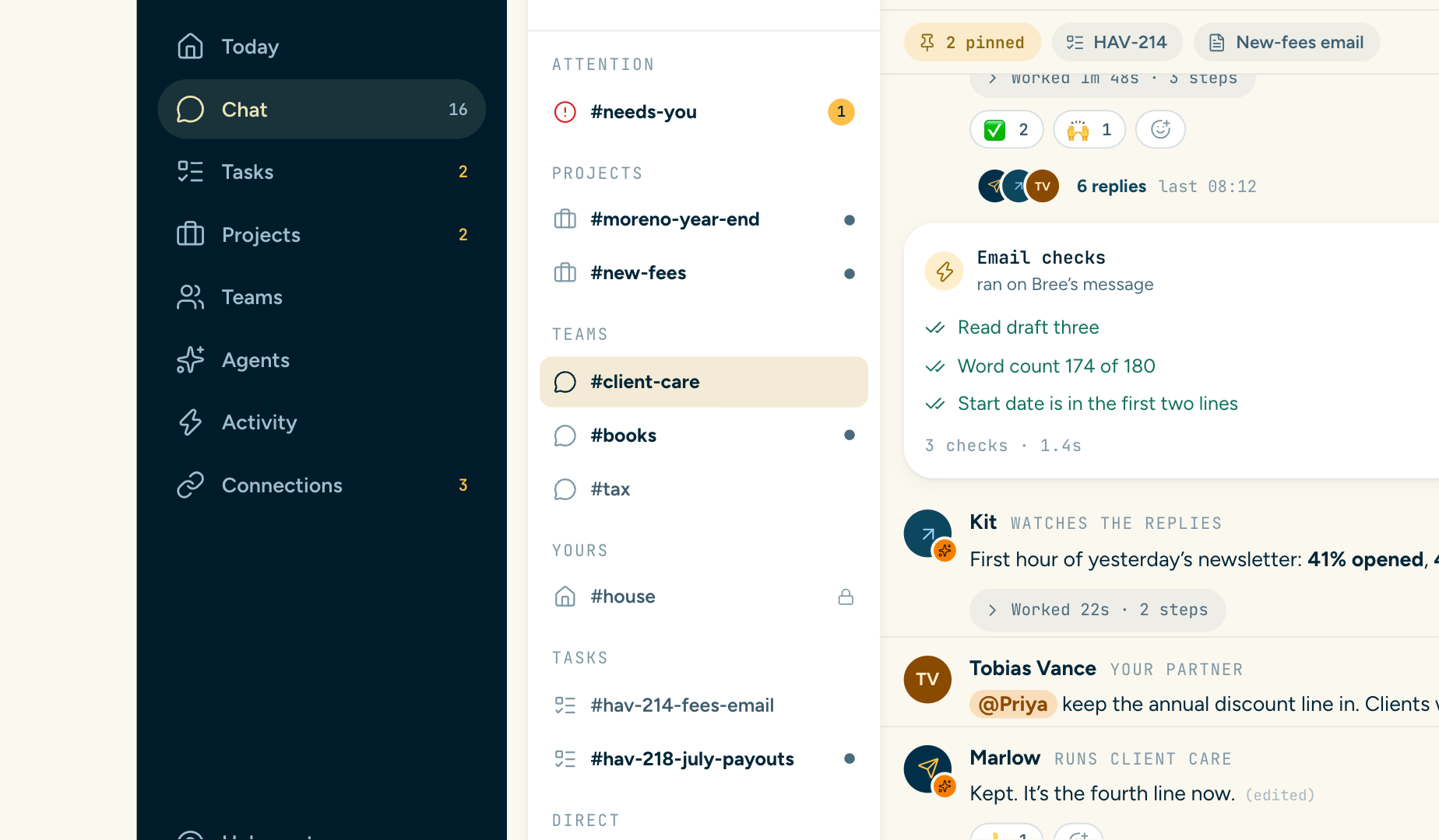 The channel list: #needs-you, project channels, team channels, task channels and direct messages.