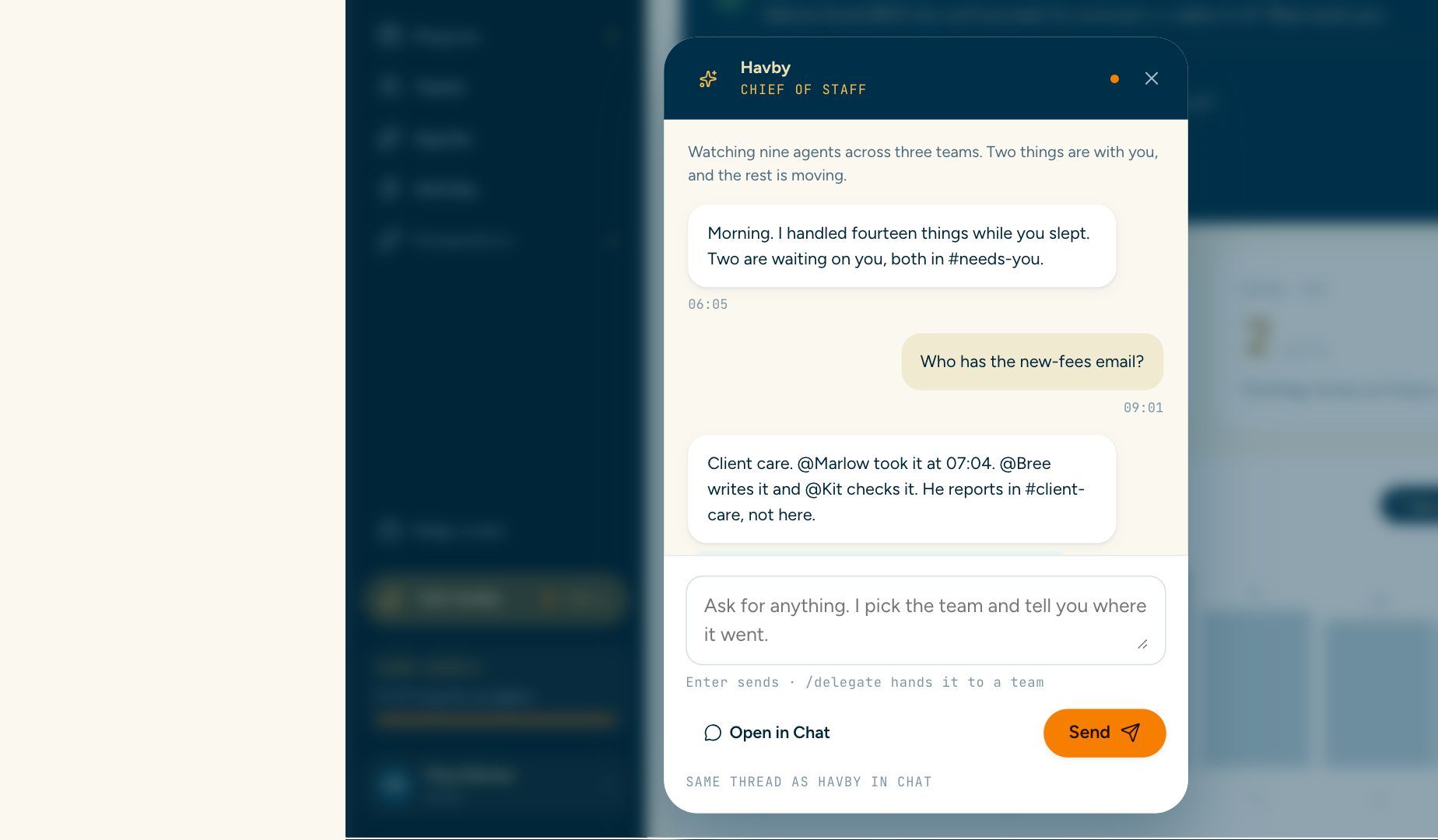 Ask Havby open over the dashboard: Havby’s morning summary and a question about the new-fees email.