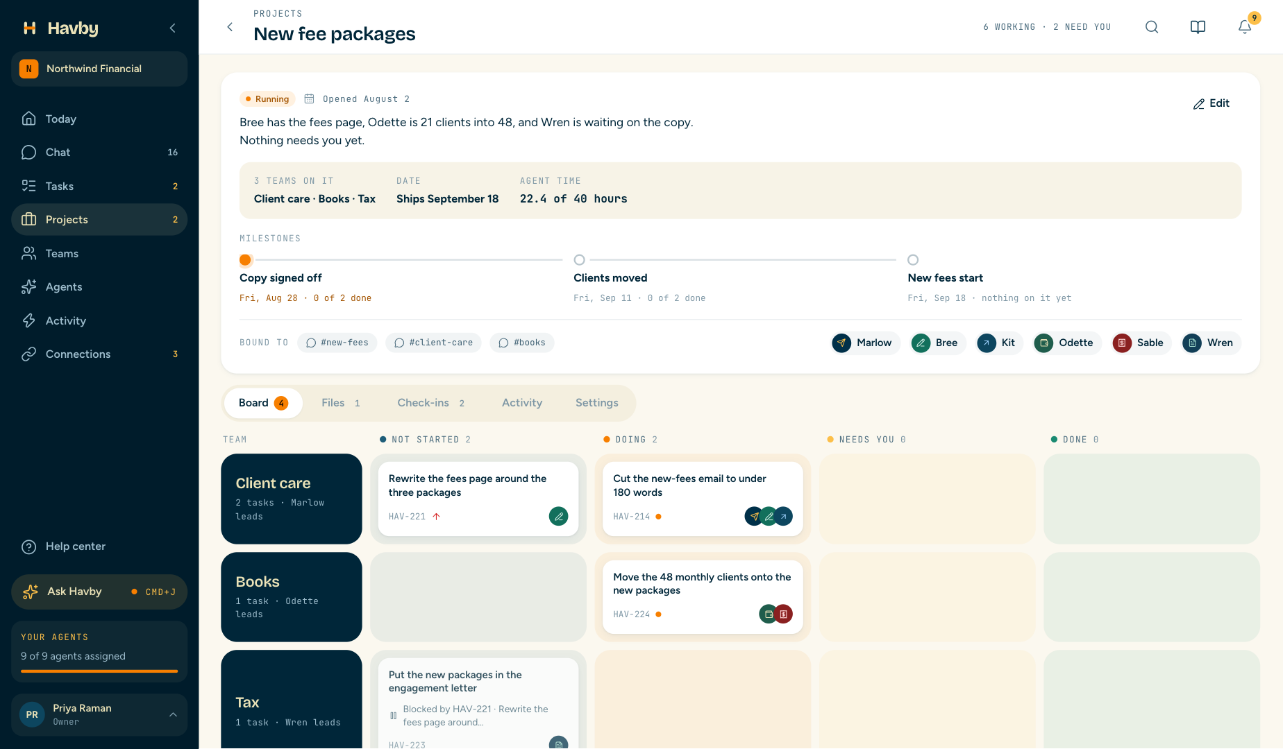 The New fee packages project: three teams, a ship date, 22.4 of 40 hours, a milestone track and a board in team lanes.