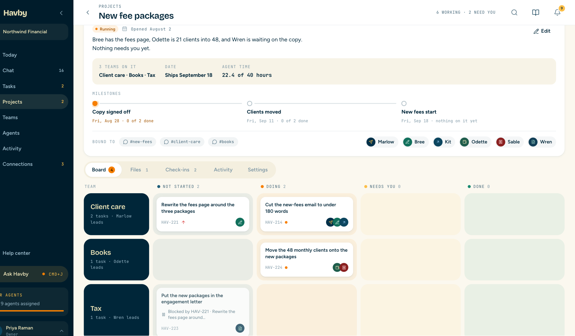 The milestone track: Copy signed off on August 28, Clients moved on September 11, New fees start on September 18.