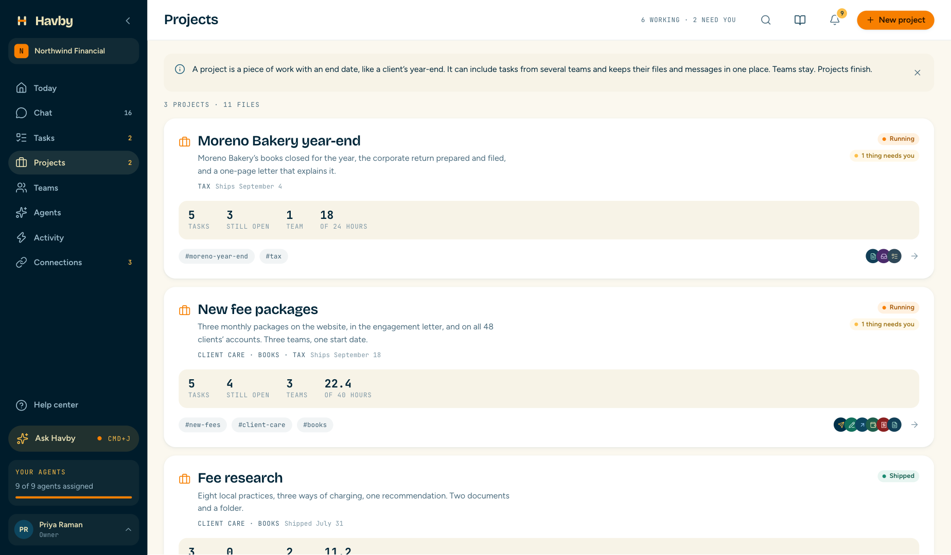 The projects list: the Moreno Bakery year-end and the New fee packages, each with tasks, open work, teams and hours.