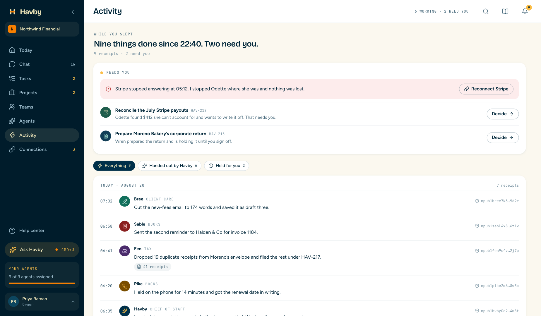 The activity feed: nine things done overnight, two that need you, a stuck Stripe connection, and one receipt per action.