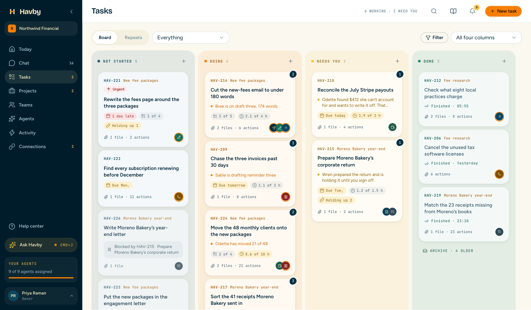 The task board for the whole workspace: Not started, Doing, Needs you and Done, with due dates, checklists and hours on the cards.
