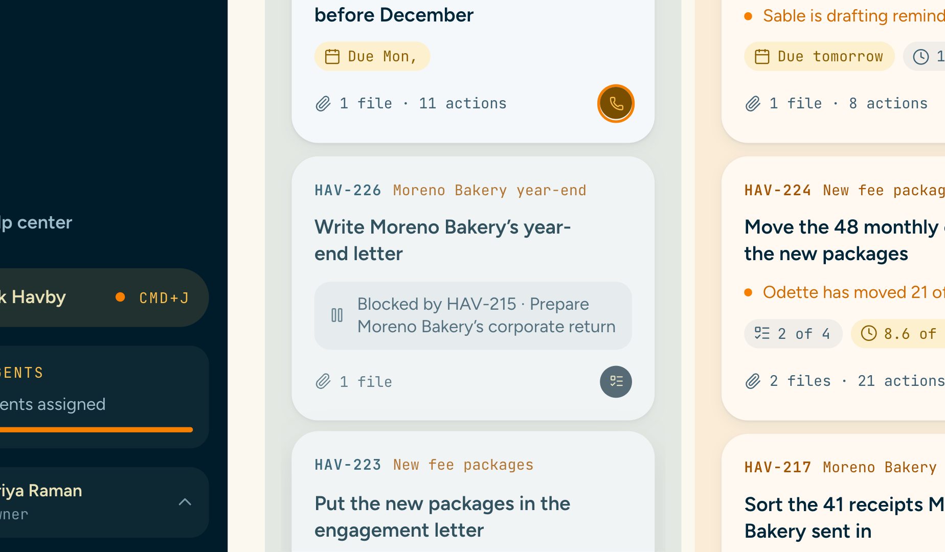 HAV-226, the Moreno Bakery year-end letter, blocked by HAV-215, preparing Moreno Bakery's corporate return.