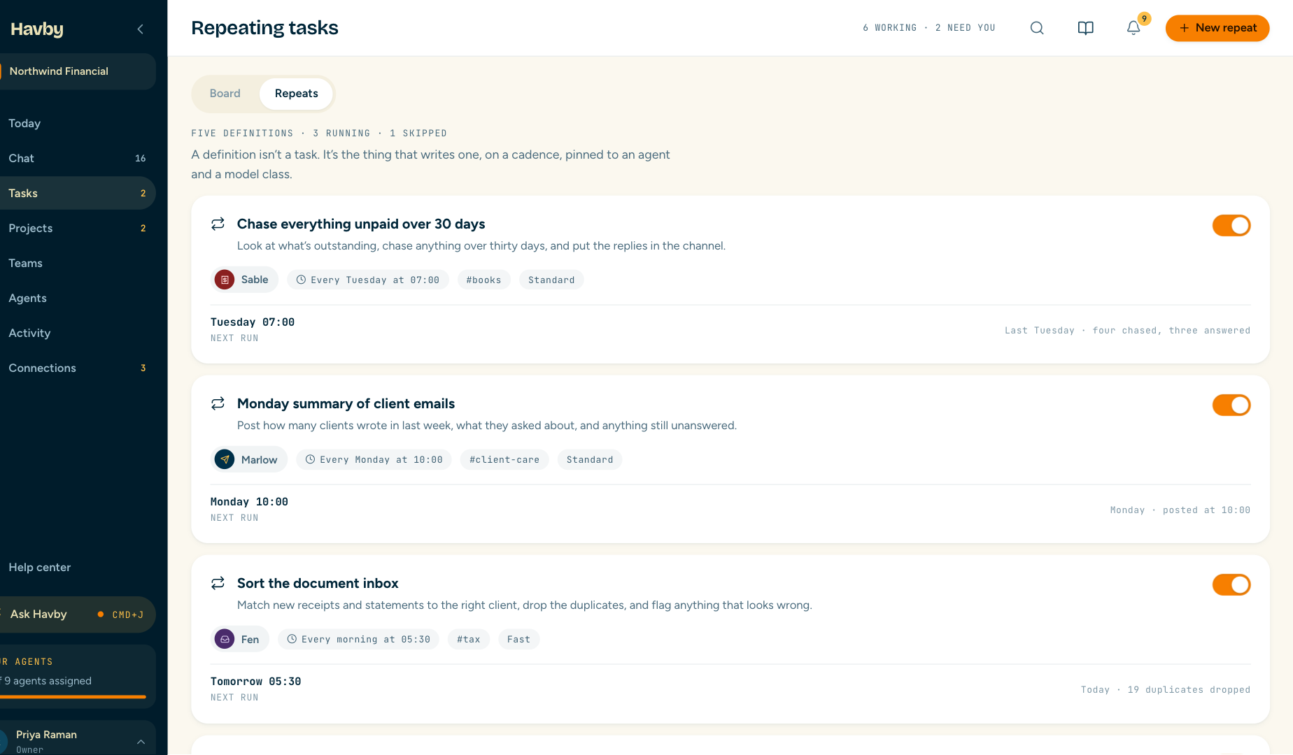 Repeating tasks: chasing everything unpaid over 30 days every Tuesday, a Monday summary of client emails into #client-care, and sorting the document inbox each morning.